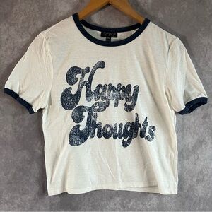 Happy Thoughts Womens Tee Shirt White w/ Blue Trim Short Sleeve Crew Neck US 8